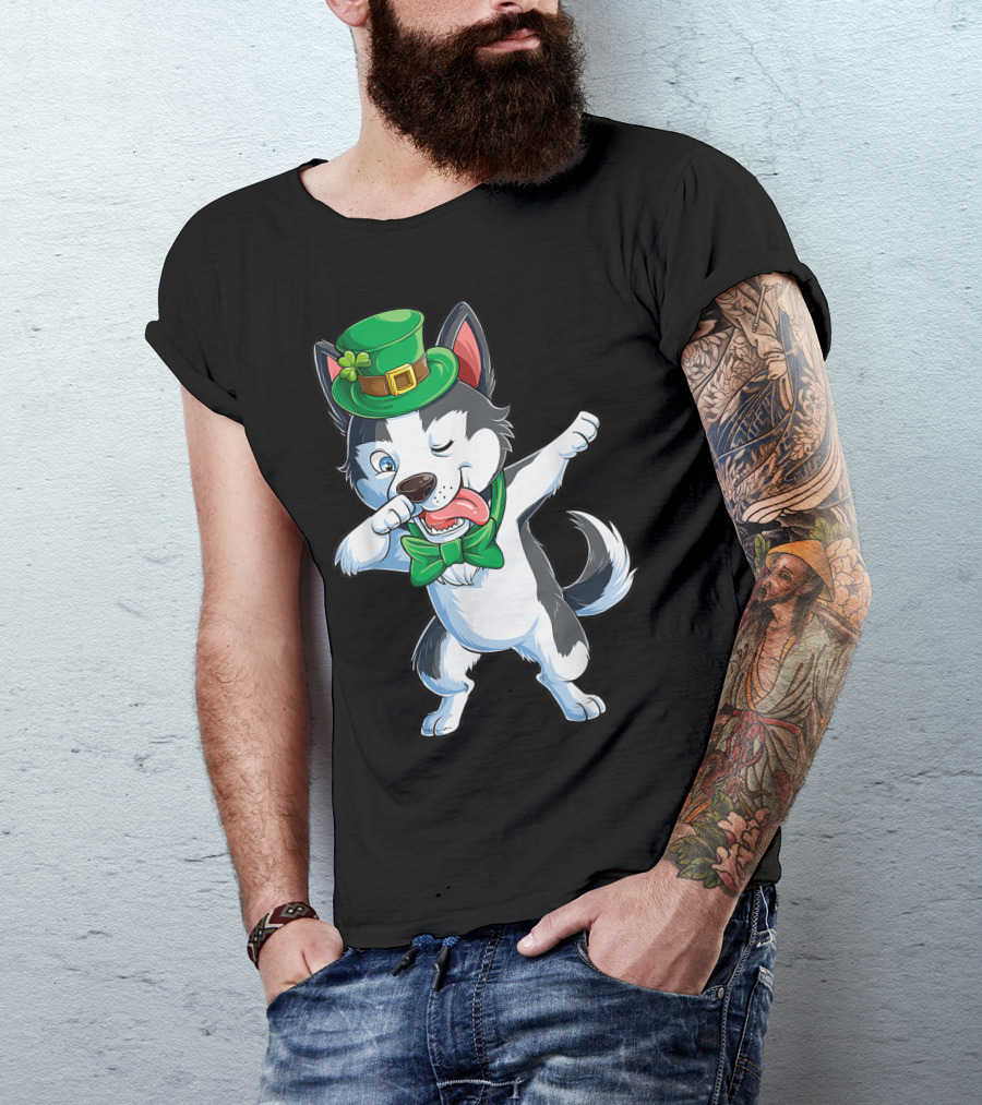 St. Patrick's Day Dabbing Siberian Husky With Green Hat And Bow Tie T-Shirt