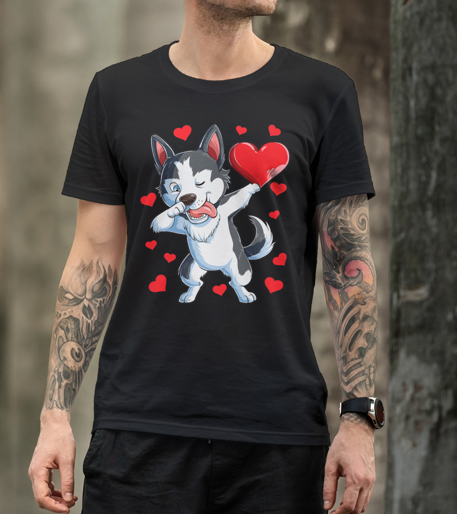 Dabbing Siberian Husky Holding Heart Surrounded By Red Valentine Hearts T-Shirt