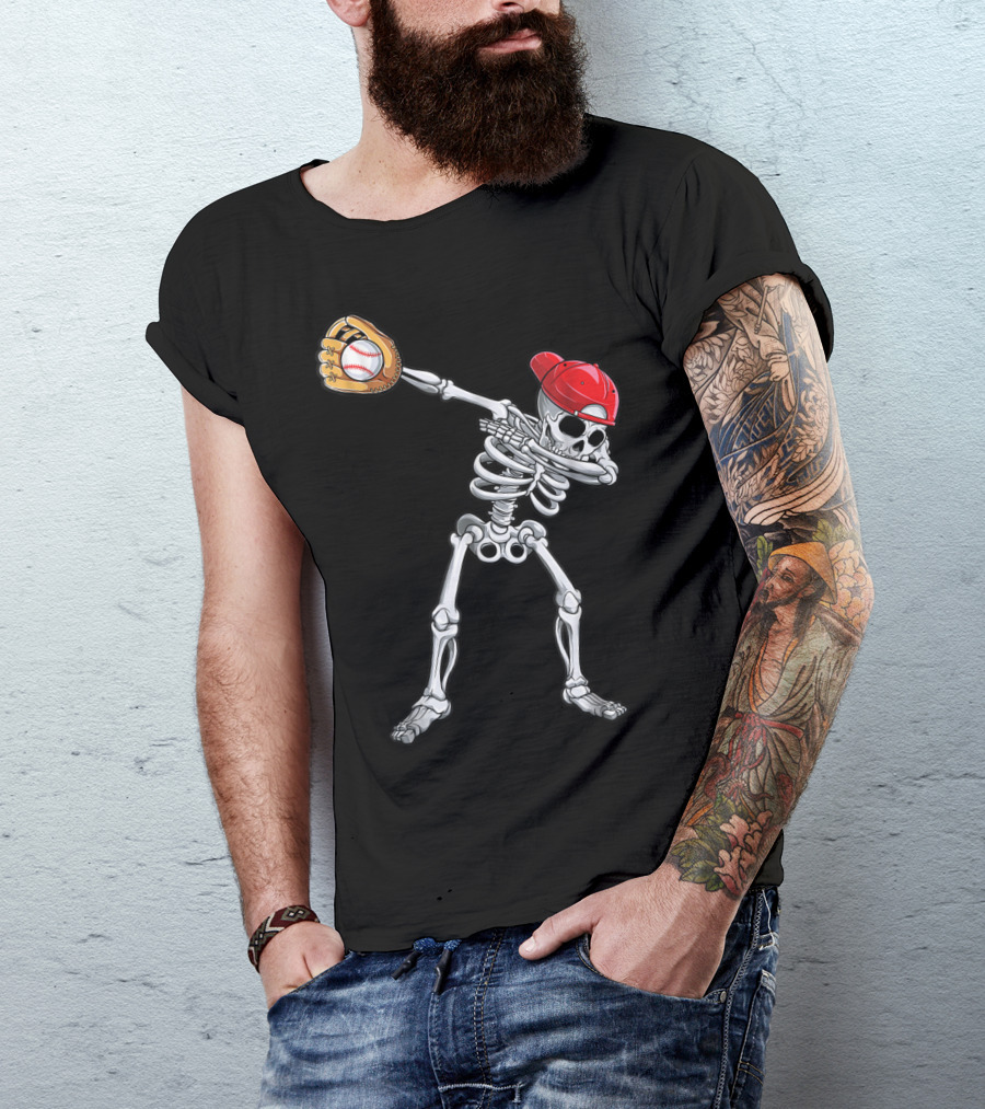 Dabbing Skeleton With Baseball Glove And Cap T-Shirt