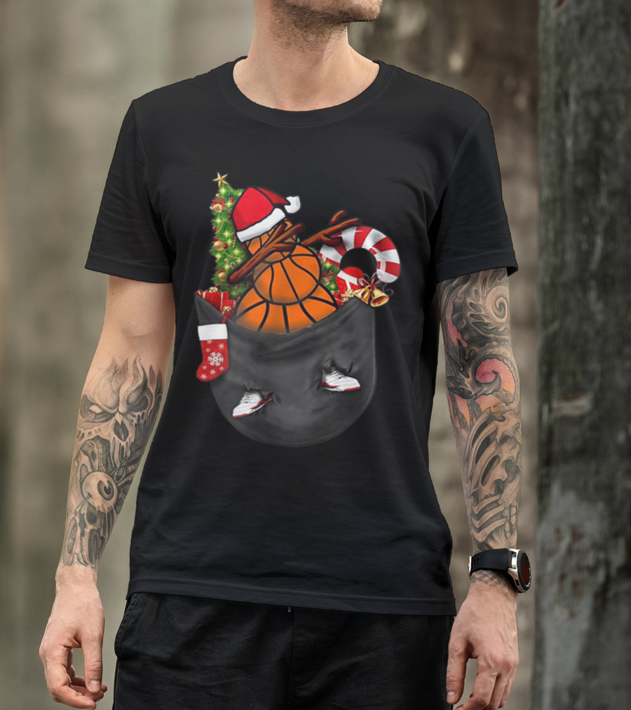 Christmas Dabbing Basketball Snowman In Pocket With Candy Cane And Santa Hat T-Shirt