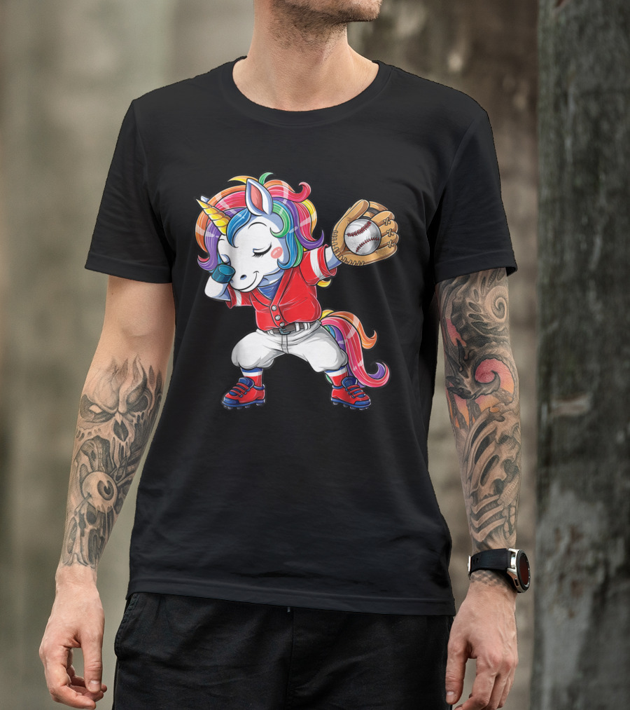 Dabbing Unicorn In Rainbow Baseball Outfit Holding Ball T-Shirt