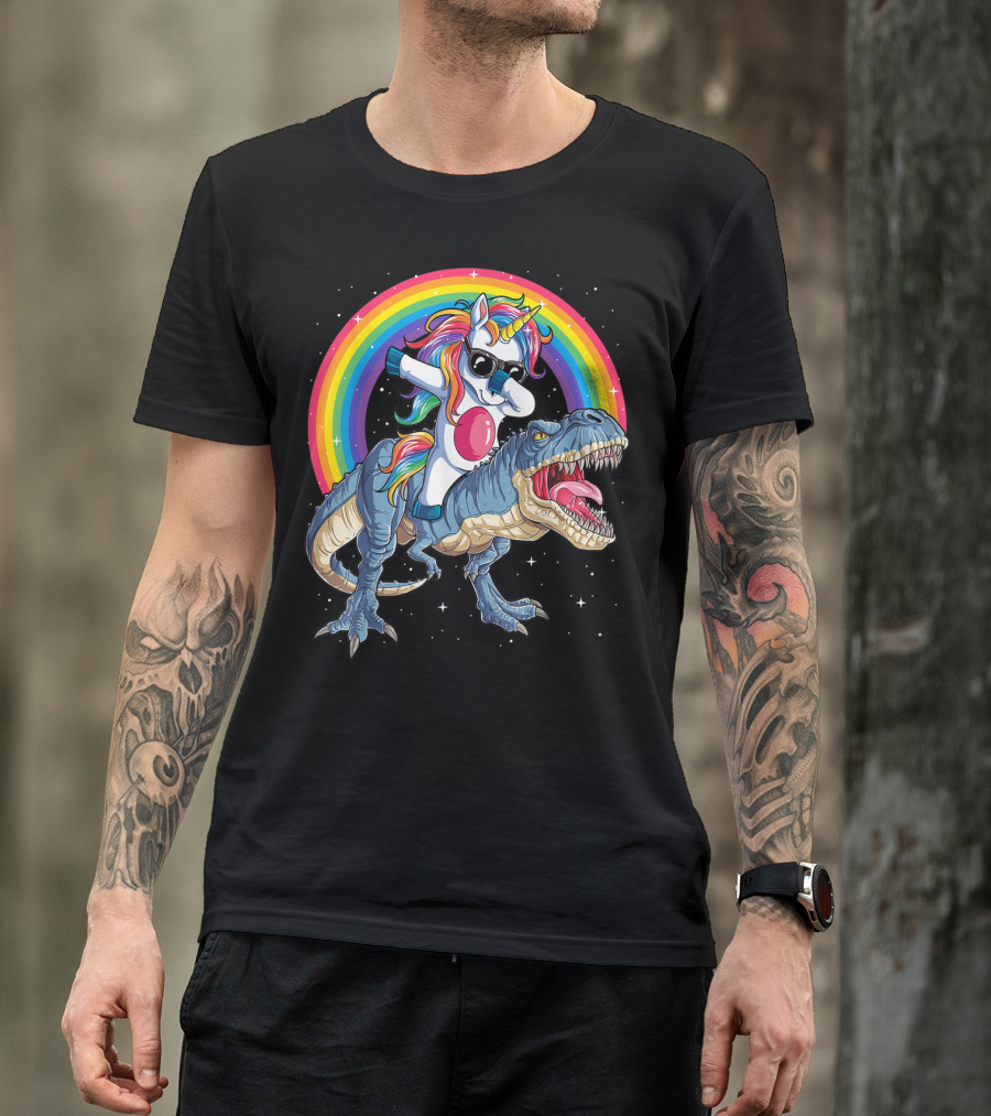 Dabbing Unicorn Riding T-Rex Under Rainbow In Space T-Shirt