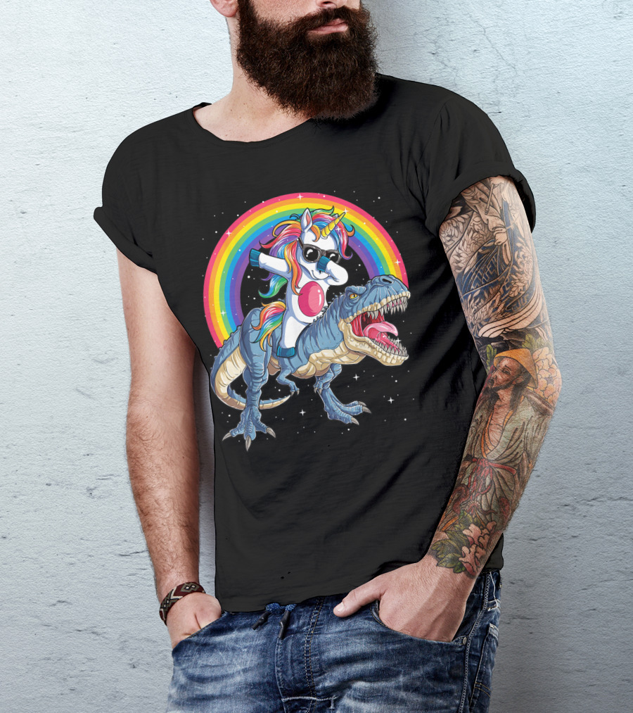Dabbing Unicorn Riding T-Rex Under Rainbow In Space T-Shirt