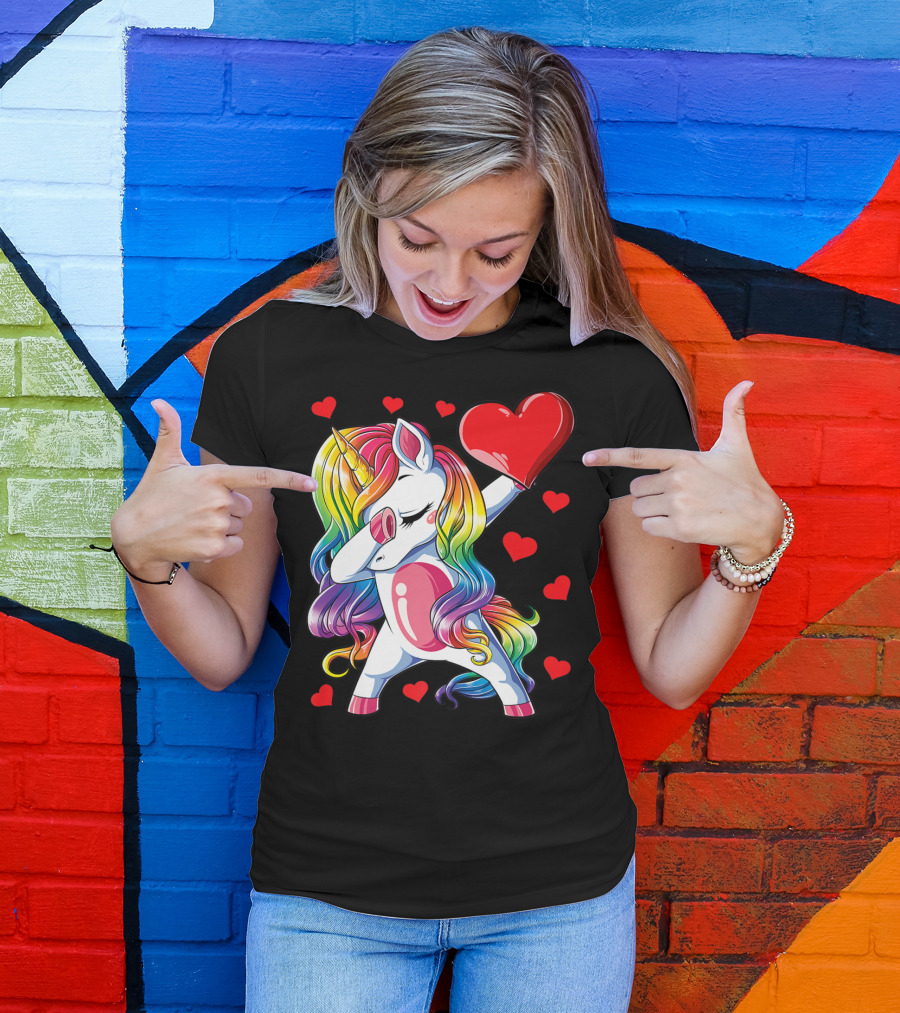 Valentine's Day Rainbow Dabbing Unicorn With Heart And Hearts T-Shirt
