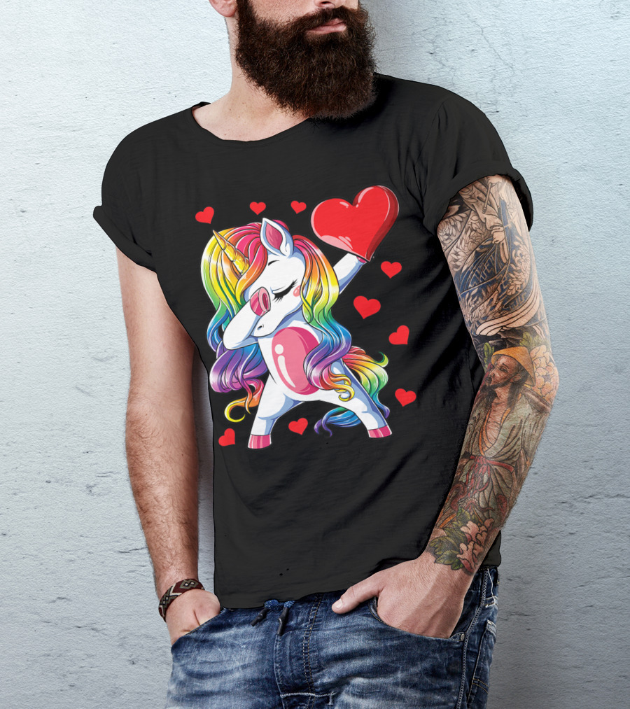 Valentine's Day Rainbow Dabbing Unicorn With Heart And Hearts T-Shirt
