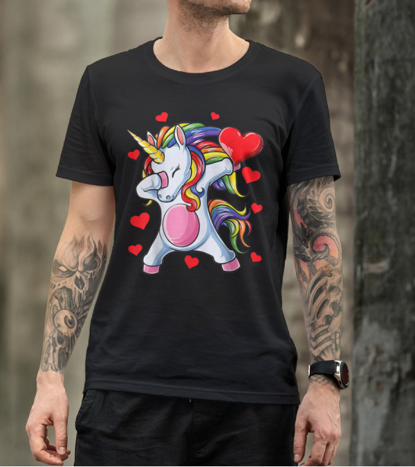 Valentines Day Dabbing Unicorn With Heart Girls T-Shirt