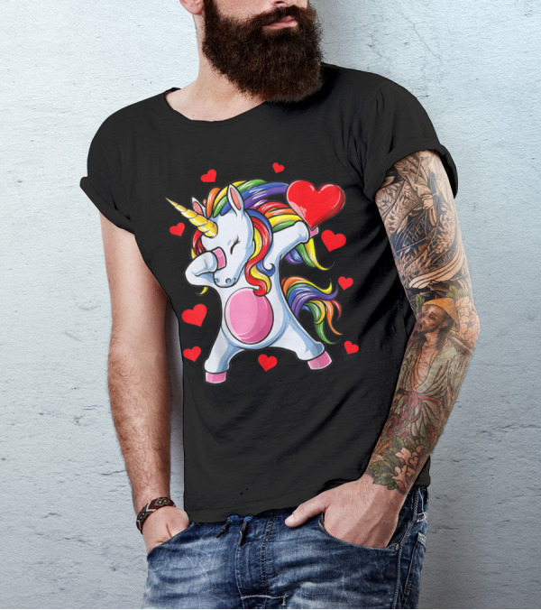 Valentines Day Dabbing Unicorn With Heart Girls T-Shirt