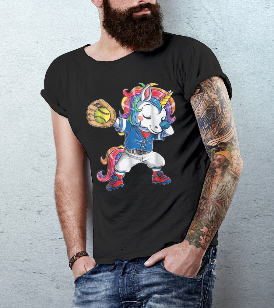 Dabbing Rainbow Unicorn In Softball Uniform Girls Dab T-Shirt