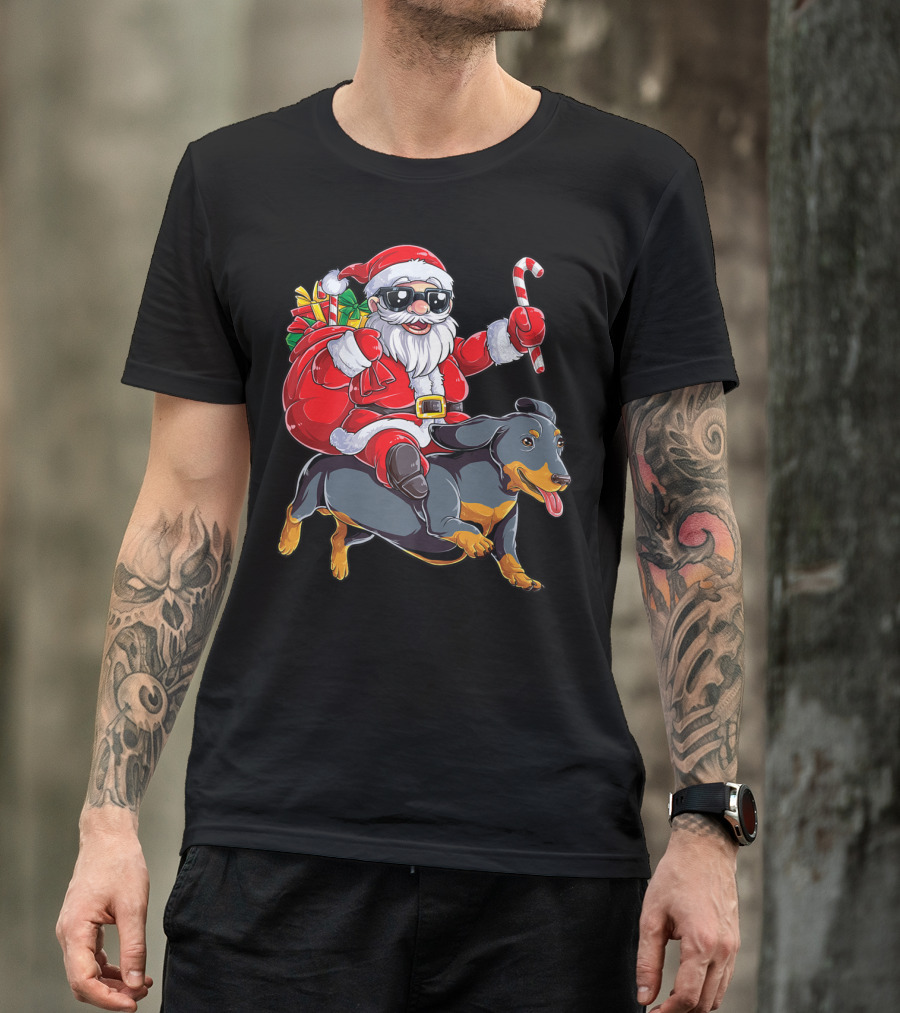 Santa Claus Riding Dachshund With Candy Cane And Presents T-Shirt