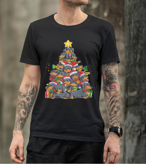 Dachshund Christmas Tree With Santa Hats And Gifts T-Shirt
