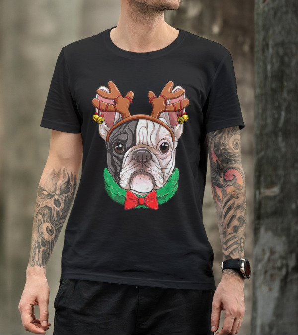 French Bulldog With Christmas Reindeer Antlers And Bow Tie T-Shirt