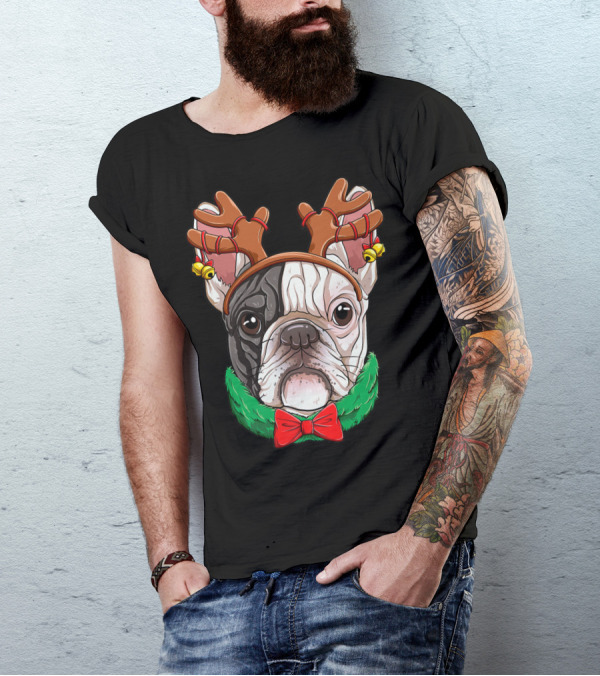 French Bulldog With Christmas Reindeer Antlers And Bow Tie T-Shirt