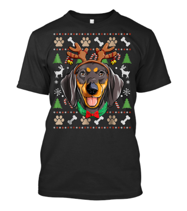 Dachshund Reindeer Antlers Christmas Ugly Sweater Snowflakes Candy Canes T-Shirt
