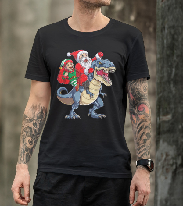 Dinosaur Christmas Boys Santa Elf Riding T-Rex Kids YP T-Shirt
