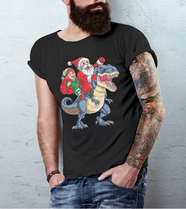 Dinosaur Christmas Boys Santa Elf Riding T-Rex Kids YP T-Shirt