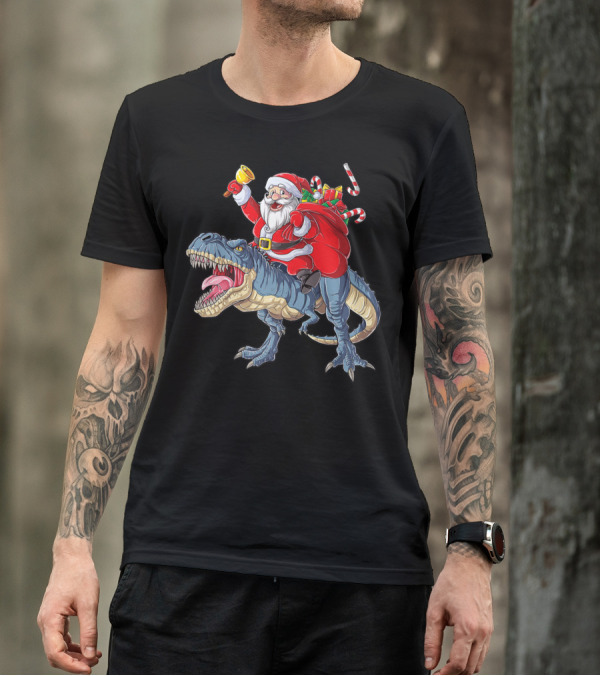 Santa Claus Riding Dinosaur With Bell And Holiday Gifts Christmas Boys Santa Rex Kids Xmas T3 T-Shirt