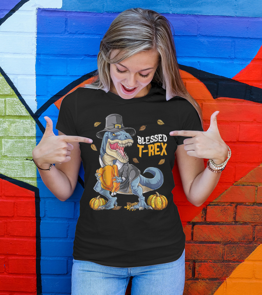 Blessed T-Rex Thanksgiving Pilgrim Dinosaur With Pumpkins T-Shirt