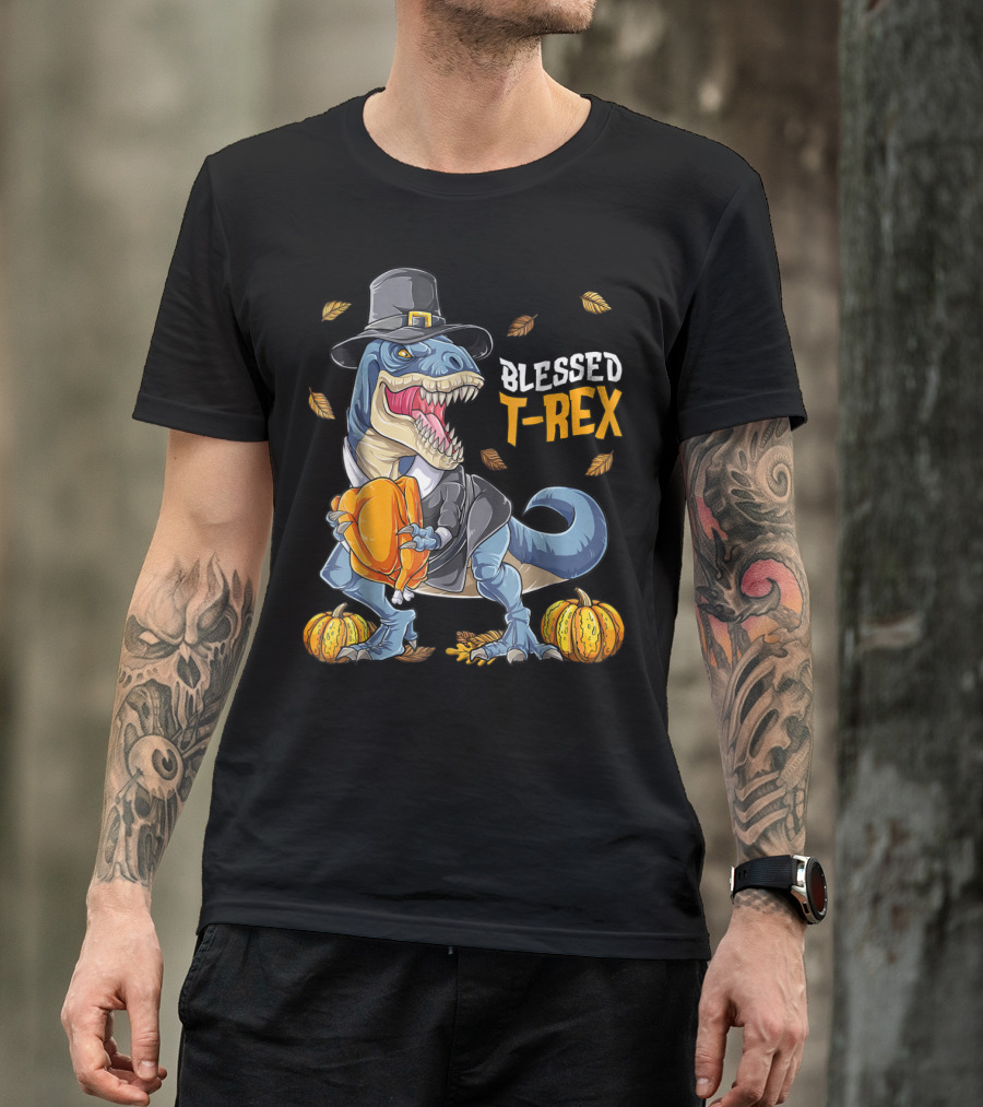 Blessed T-Rex Thanksgiving Pilgrim Dinosaur With Pumpkins T-Shirt