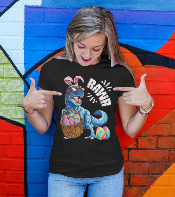 RAWR Easter Bunny Dinosaur Rex With Colorful Eggs Basket T-Shirt