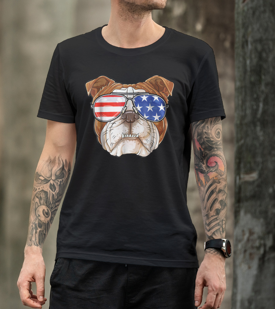 English Bulldog Wearing American Flag Sunglasses T-Shirt