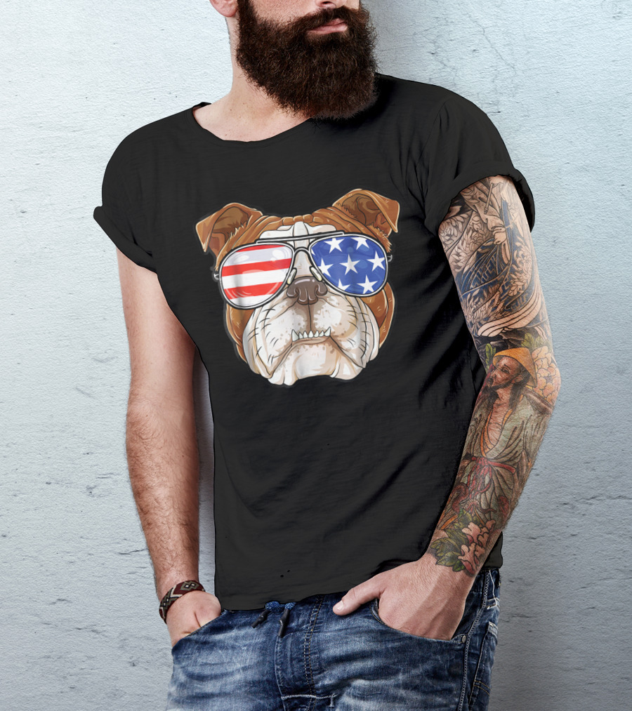 English Bulldog Wearing American Flag Sunglasses T-Shirt