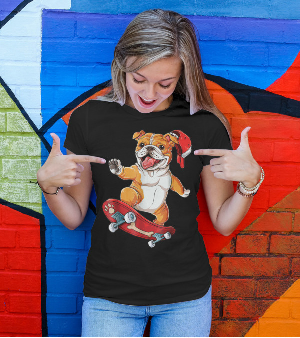 English Bulldog With Red Cap Skating On Bone Deck Skateboard T-Shirt