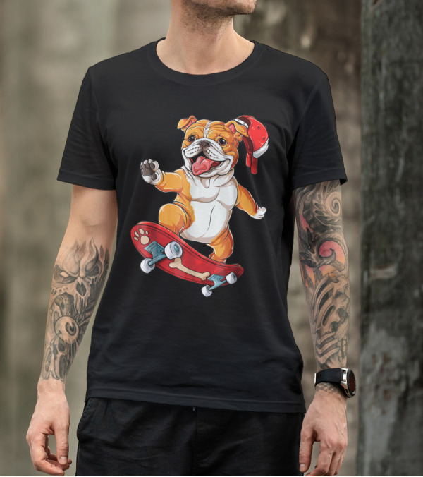 English Bulldog With Red Cap Skating On Bone Deck Skateboard T-Shirt