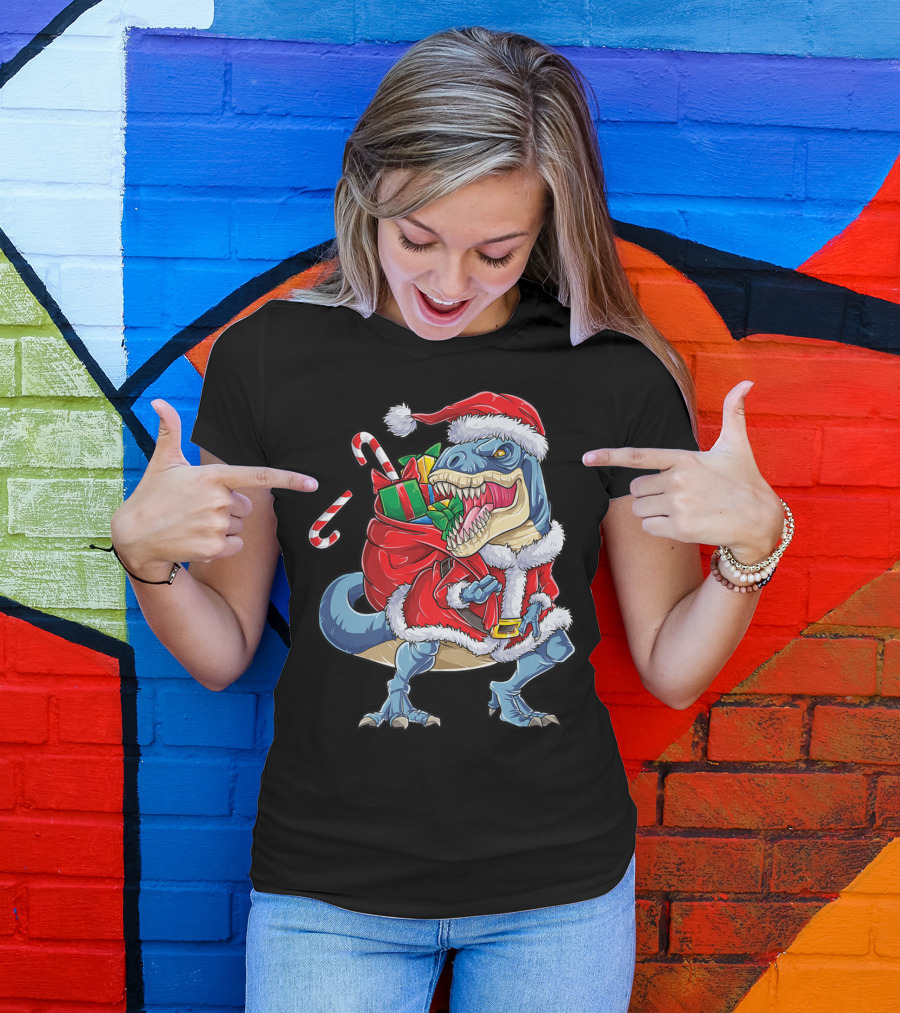 Dinosaur Christmas Boys Santa Rex With Candy Canes And Gifts T-Shirt