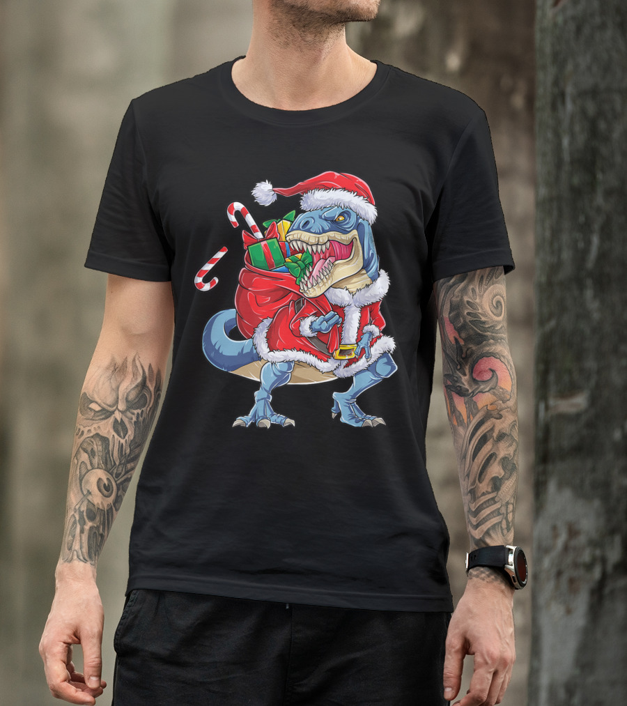 Dinosaur Christmas Boys Santa Rex With Candy Canes And Gifts T-Shirt