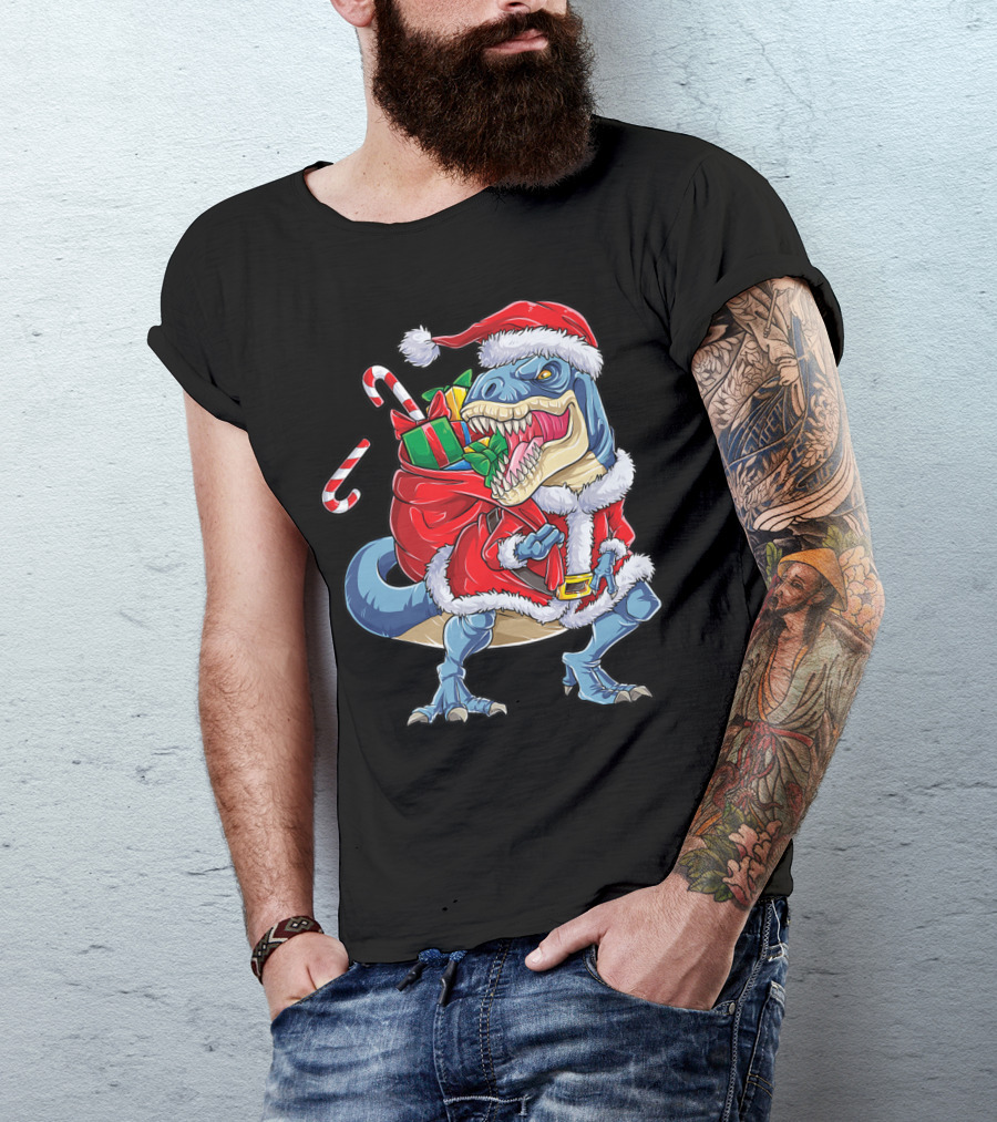 Dinosaur Christmas Boys Santa Rex With Candy Canes And Gifts T-Shirt