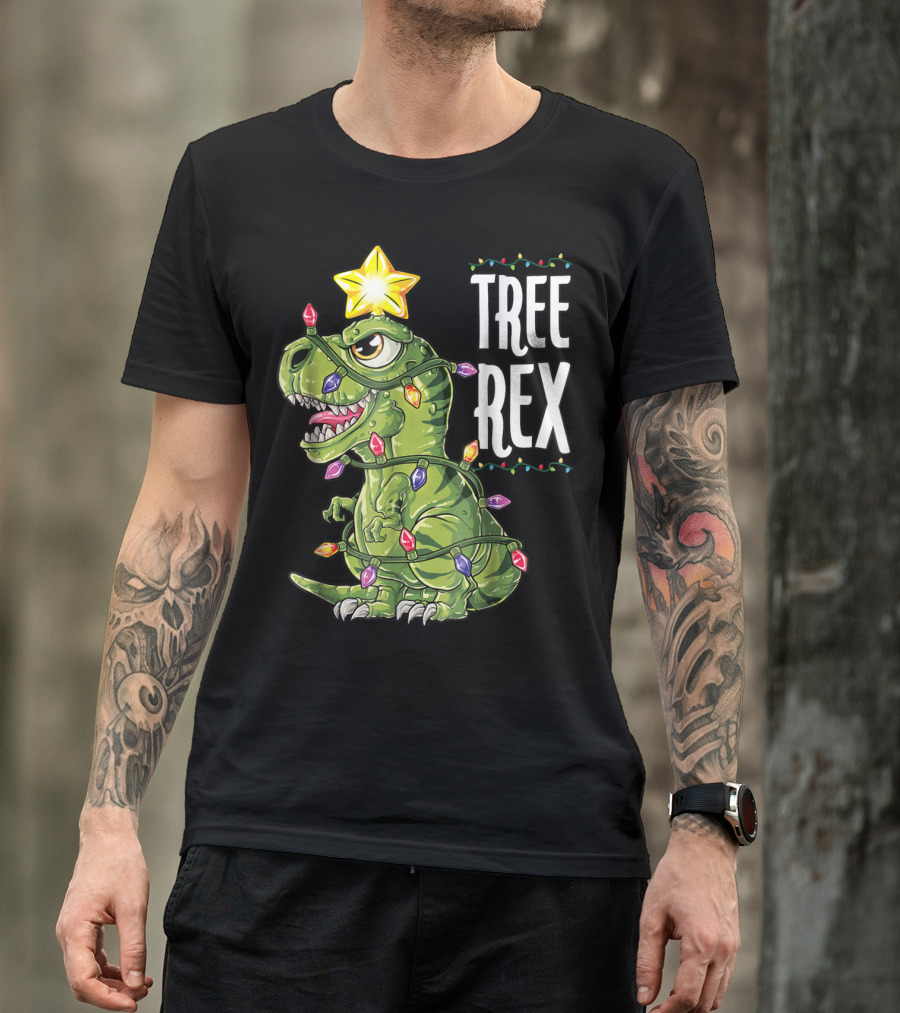 Tree Rex Dinosaur Wrapped In Christmas Lights With Star T-Shirt