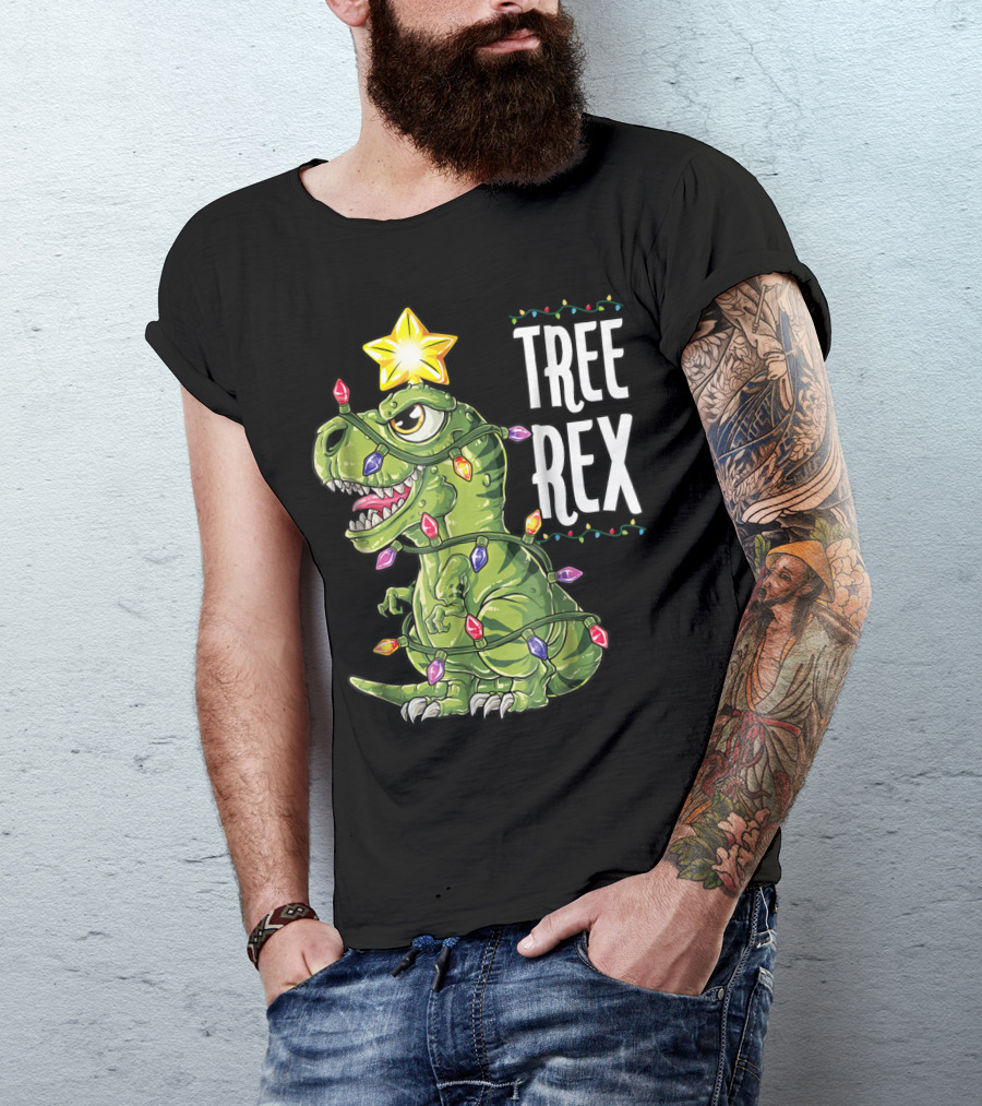 Tree Rex Dinosaur Wrapped In Christmas Lights With Star T-Shirt