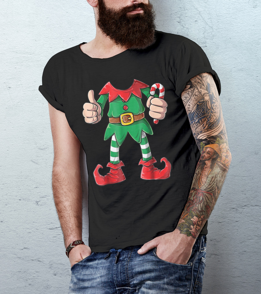 Elf Christmas Costume Holiday Outfit With Candy Cane And Thumbs Up For Girls Boys T-Shirt