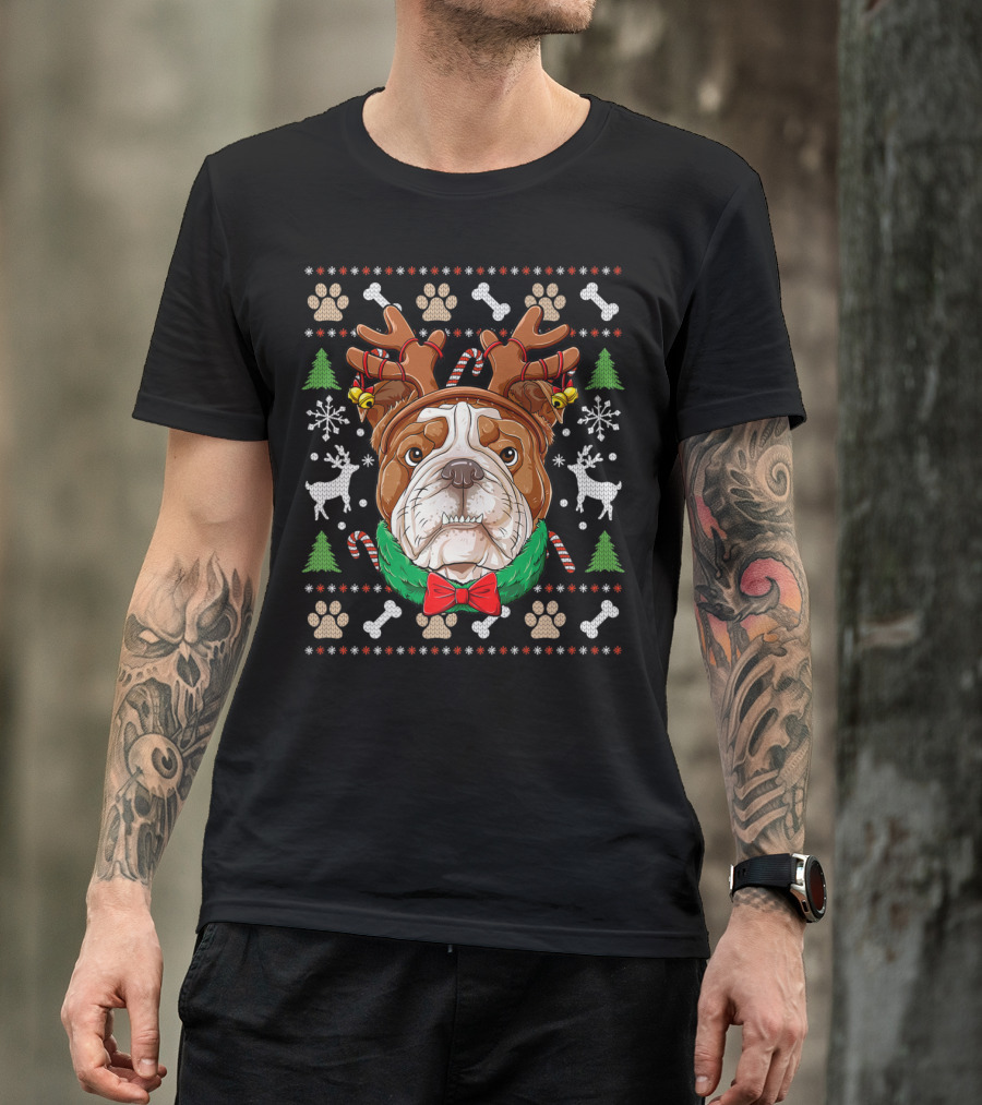English Bulldog Reindeer Antlers Christmas Ugly T-Shirt