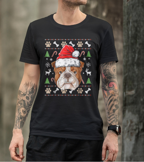 English Bulldog Santa Hat Ugly Christmas Sweater Paws Reindeer Bones Candy Canes T-Shirt