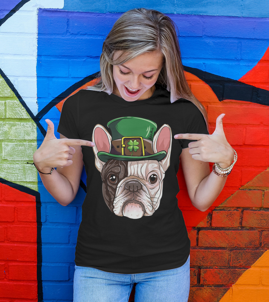 French Bulldog Leprechaun St Patricks Day Dog Wearing Green Hat With Shamrock T-Shirt