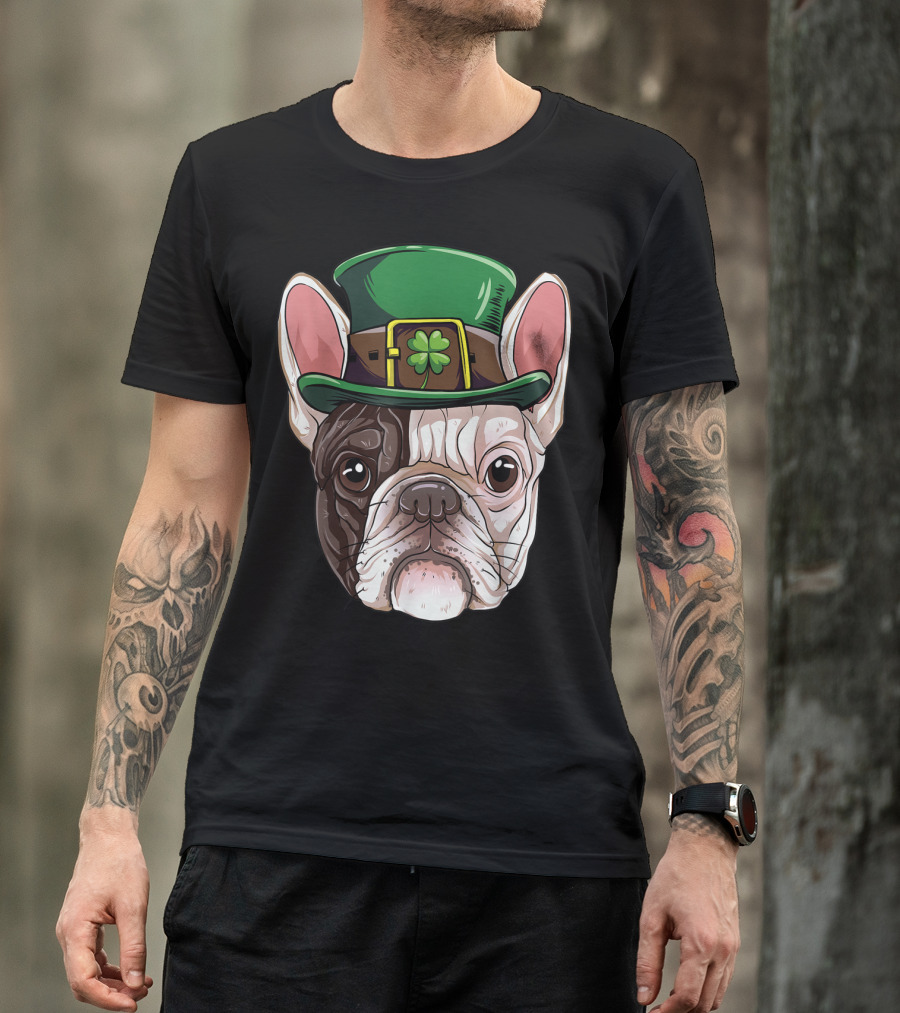 French Bulldog Leprechaun St Patricks Day Dog Wearing Green Hat With Shamrock T-Shirt
