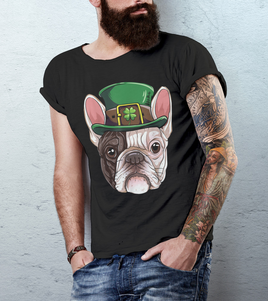 French Bulldog Leprechaun St Patricks Day Dog Wearing Green Hat With Shamrock T-Shirt