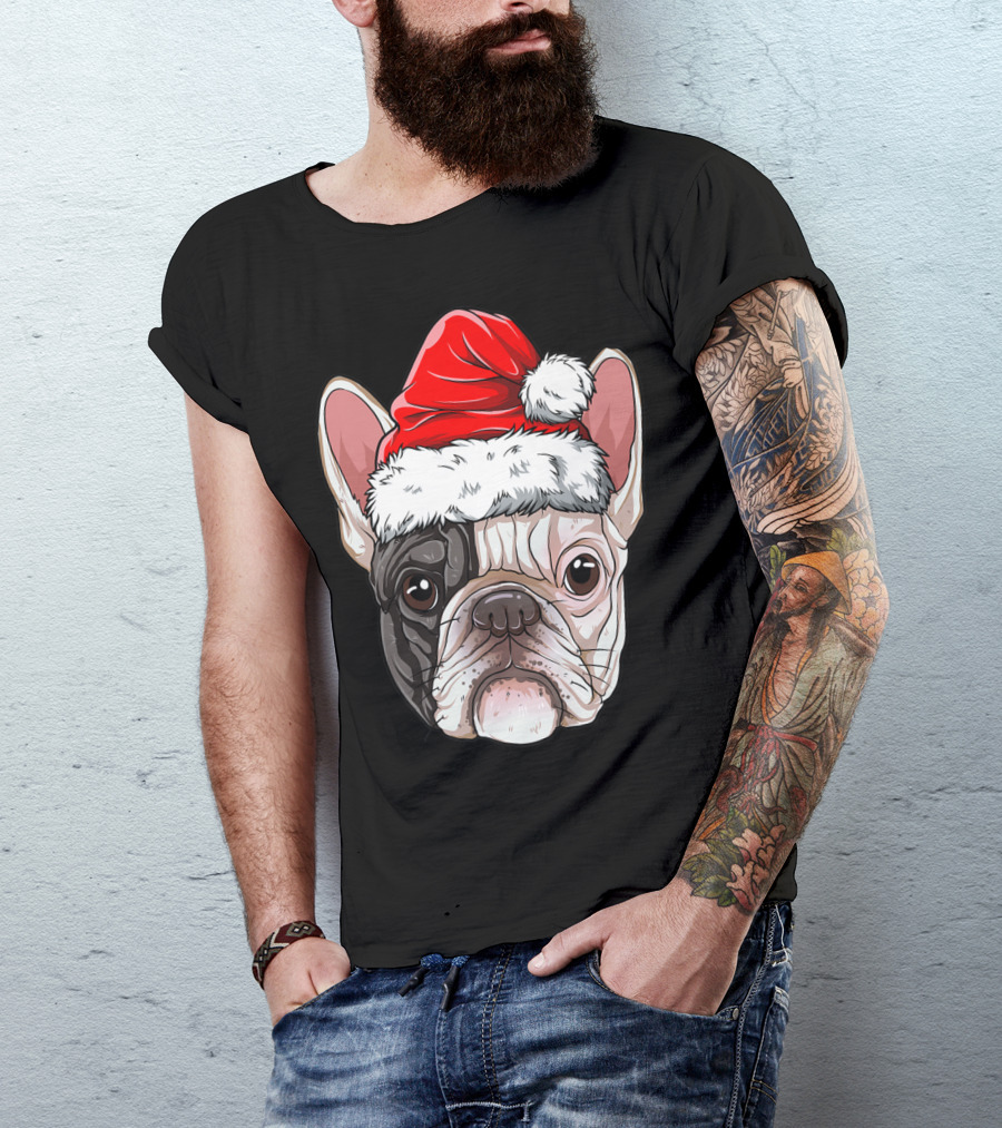 French Bulldog In Santa Hat Christmas T-Shirt