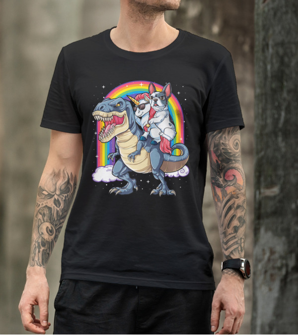 French Bulldog Unicorn Riding Dinosaur Rex With Rainbow Stars T-Shirt