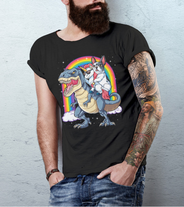 French Bulldog Unicorn Riding Dinosaur Rex With Rainbow Stars T-Shirt