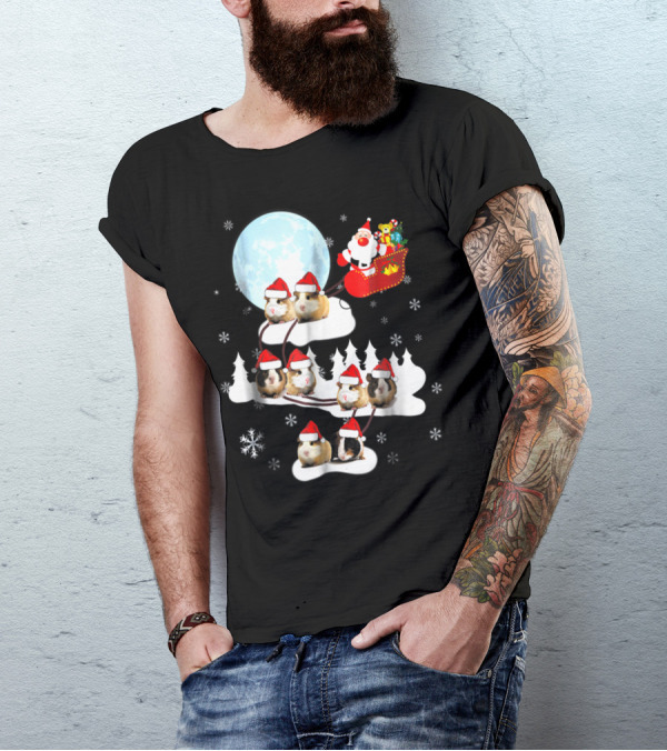 Santa Sleigh With Christmas Guinea Pigs And Snowflakes T-Shirt