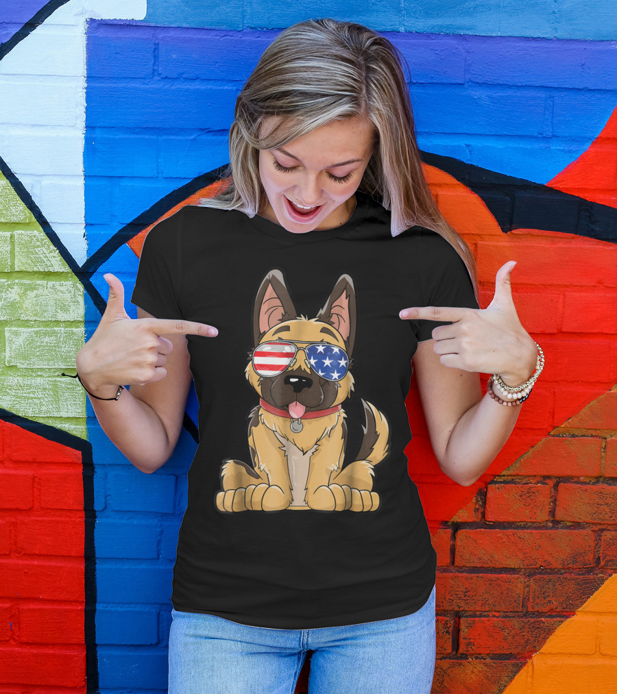 German Shepherd American Flag Sunglasses 4th Of July T-Shirt