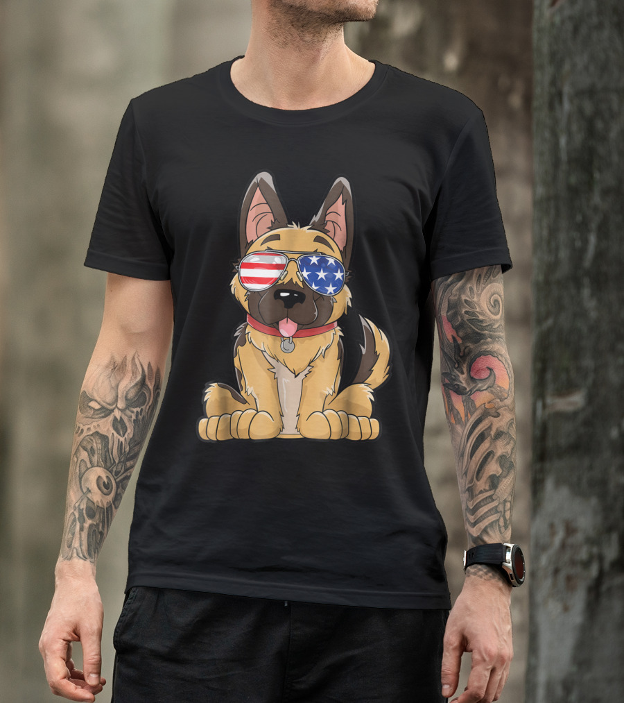 German Shepherd American Flag Sunglasses 4th Of July T-Shirt