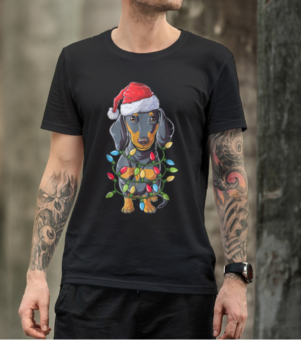 Dachshund Santa Hat Christmas Tree Lights Pup T-Shirt