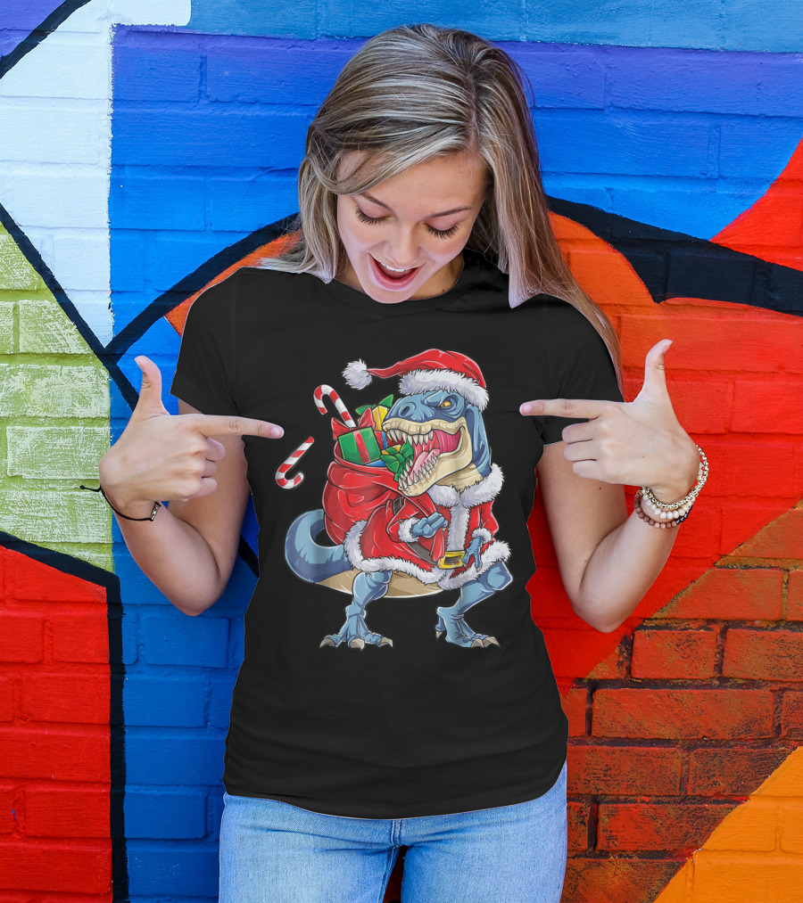 Santa Rex Dinosaur Christmas Boys Kids Xmas T-Shirt
