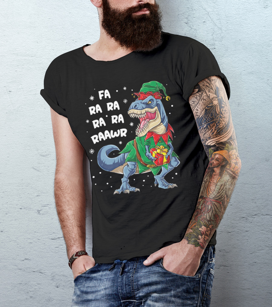 Fa Ra Ra Ra Rawr Dinosaur Christmas Rex Elf Holding Present T-Shirt