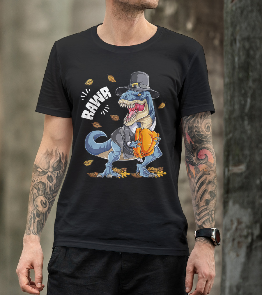 RAWR Dinosaur Thanksgiving Pilgrim T-Rex With Turkey Leaves T-Shirt