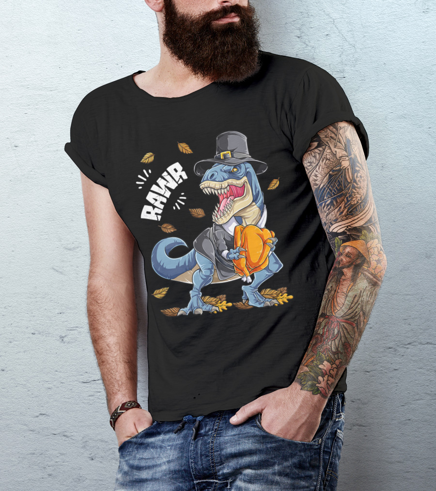 RAWR Dinosaur Thanksgiving Pilgrim T-Rex With Turkey Leaves T-Shirt