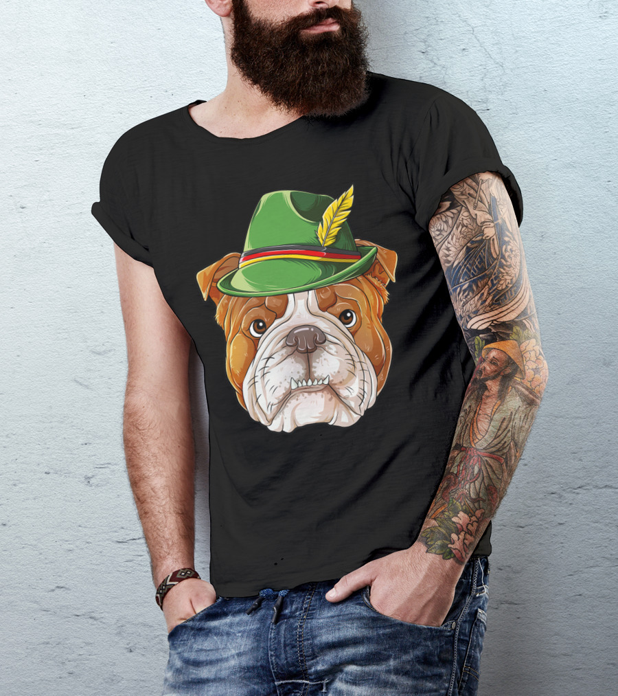 English Bulldog Oktoberfest Boys Lederhosen With Green Hat And Feather T-Shirt